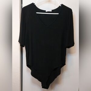 Mangopop V Neck Short Sleeve Basic Black Bodysuit Shirt Size 2X Classic Knit